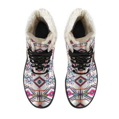 Indian Navajo Art Themed Design Print Faux Fur Leather Boots-JTAMIGO.COM