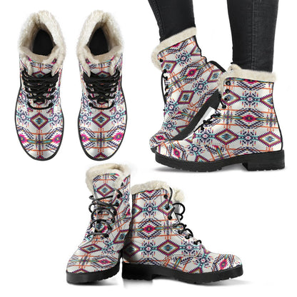 Indian Navajo Art Themed Design Print Faux Fur Leather Boots-JTAMIGO.COM