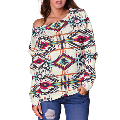 Indian Navajo Art Themed Design Print Off Shoulder Sweatshirt