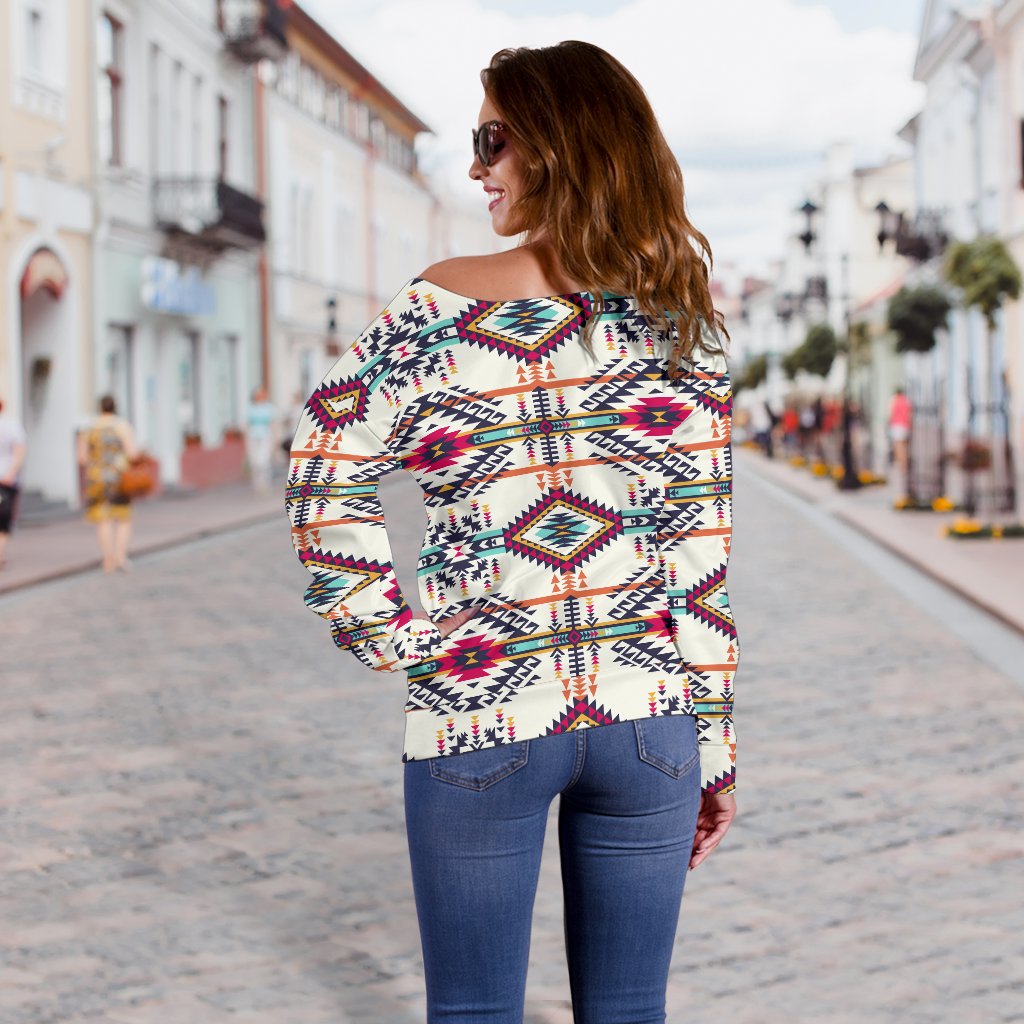 Indian Navajo Art Themed Design Print Off Shoulder Sweatshirt