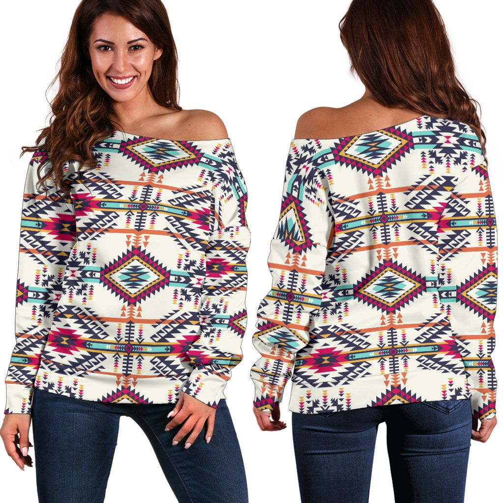 Indian Navajo Art Themed Design Print Off Shoulder Sweatshirt