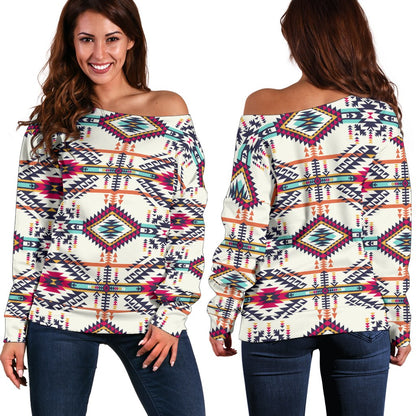 Indian Navajo Art Themed Design Print Off Shoulder Sweatshirt