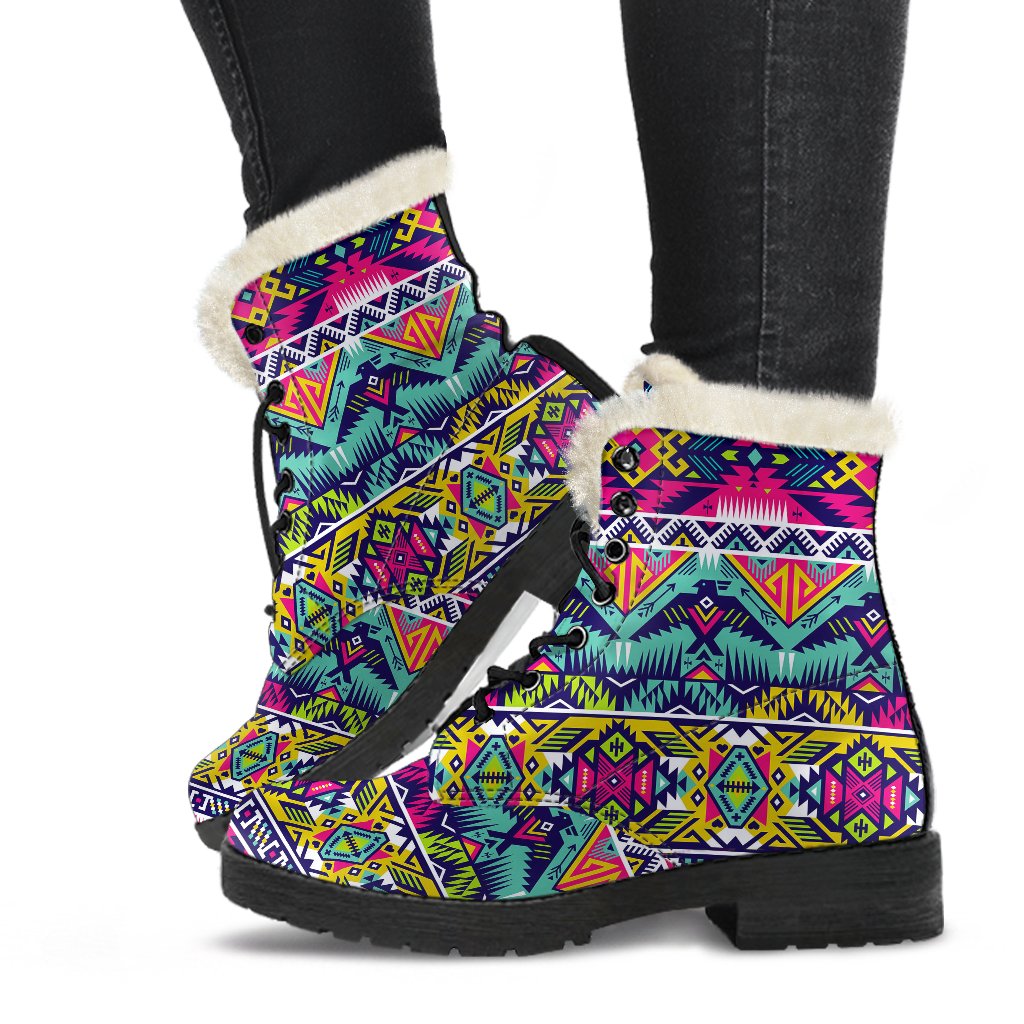 Indian Navajo Color Themed Design Print Faux Fur Leather Boots-JTAMIGO.COM