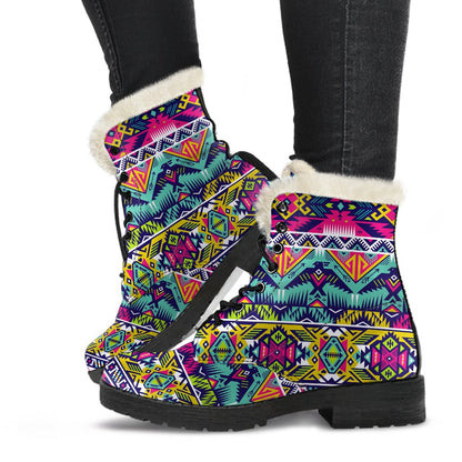 Indian Navajo Color Themed Design Print Faux Fur Leather Boots-JTAMIGO.COM