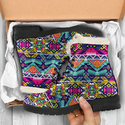 Indian Navajo Color Themed Design Print Faux Fur Leather Boots-JTAMIGO.COM
