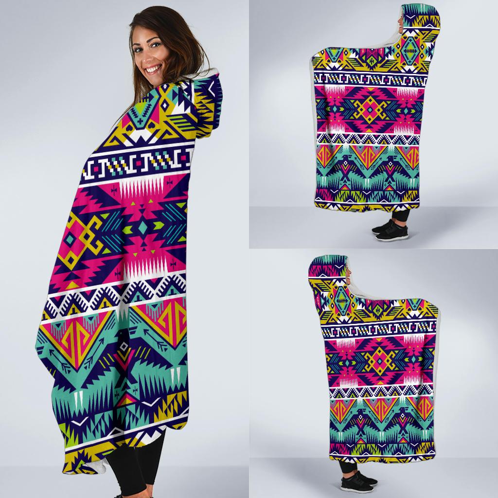 Indian Navajo Color Themed Design Print Hooded Blanket-JTAMIGO.COM