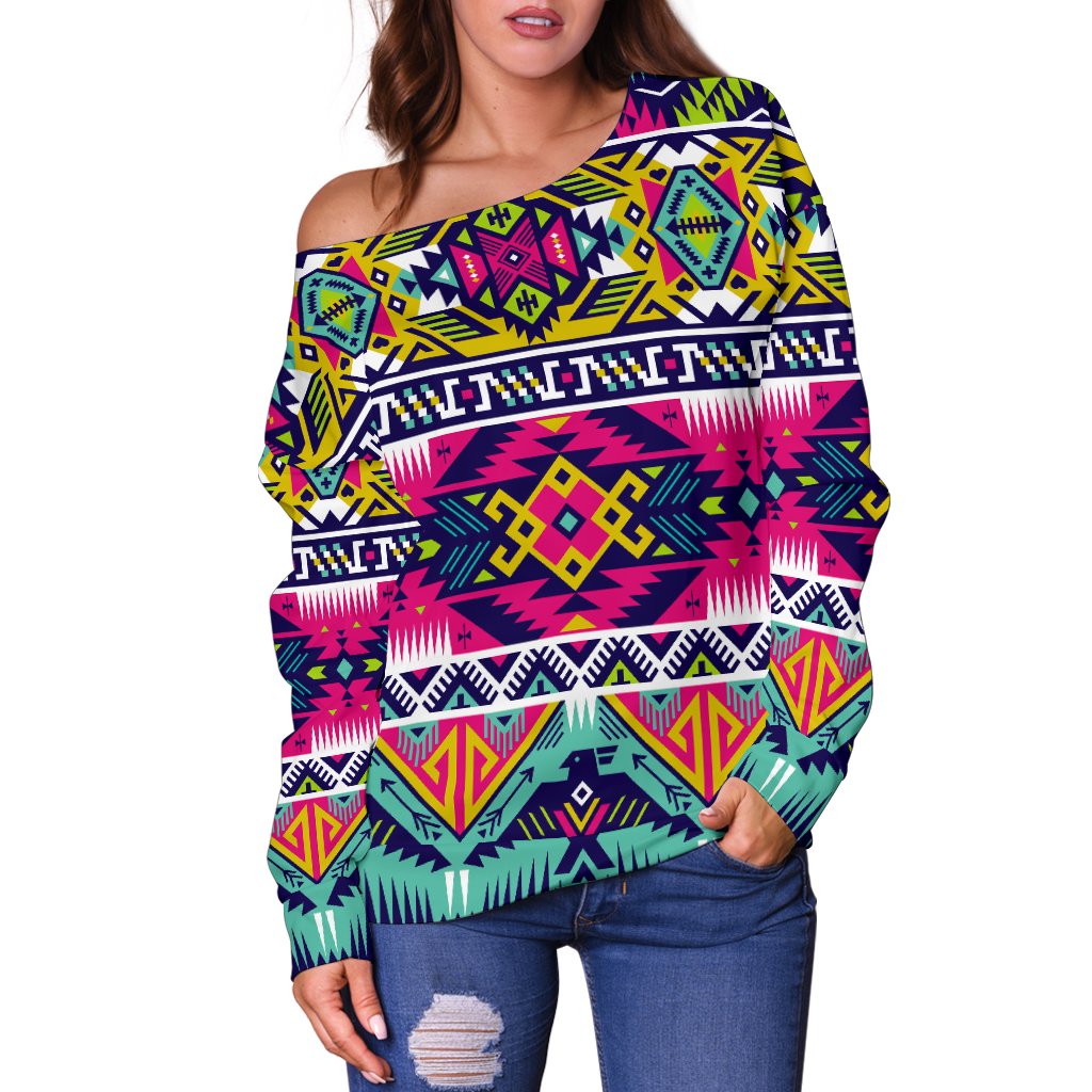 Indian Navajo Color Themed Design Print Off Shoulder Sweatshirt