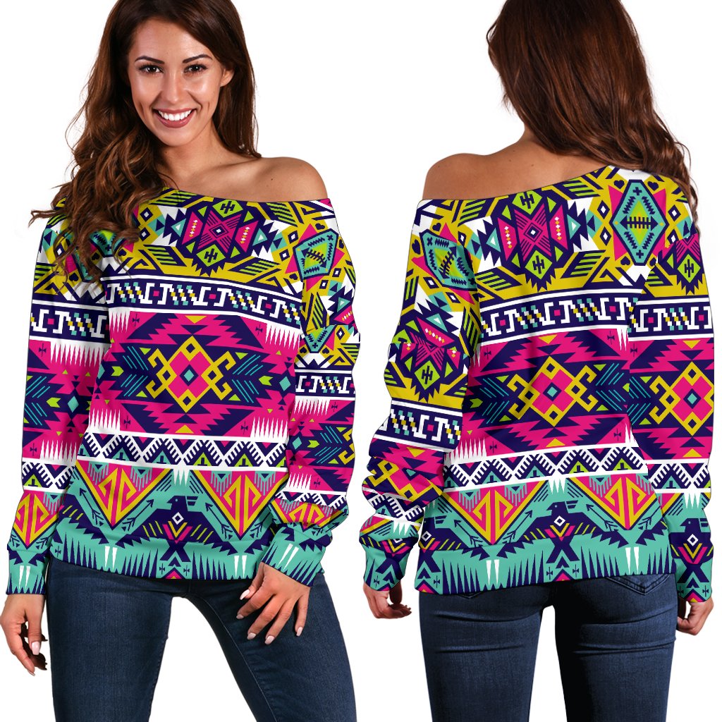 Indian Navajo Color Themed Design Print Off Shoulder Sweatshirt