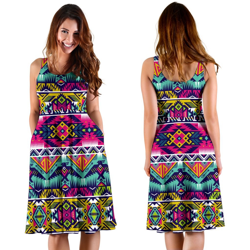 Indian Navajo Color Themed Design Print Sleeveless Dress