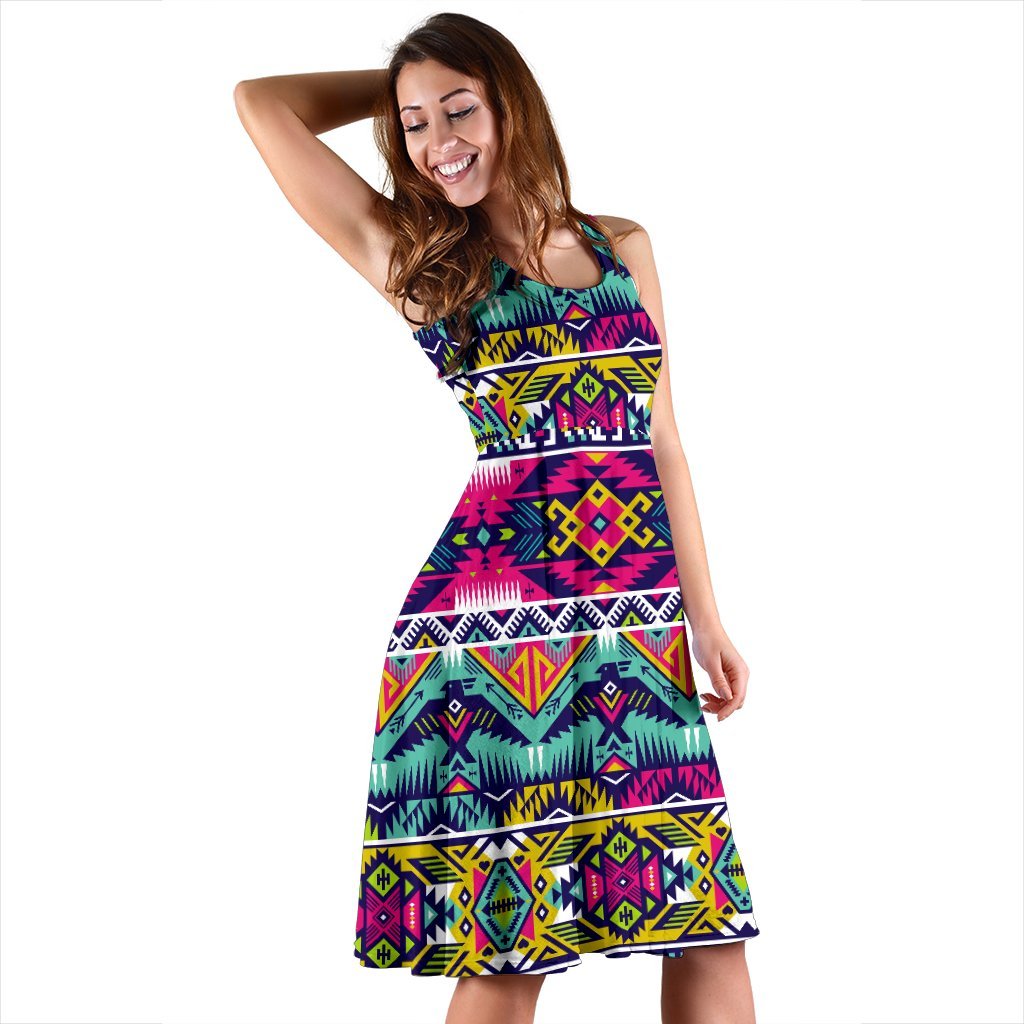 Indian Navajo Color Themed Design Print Sleeveless Dress