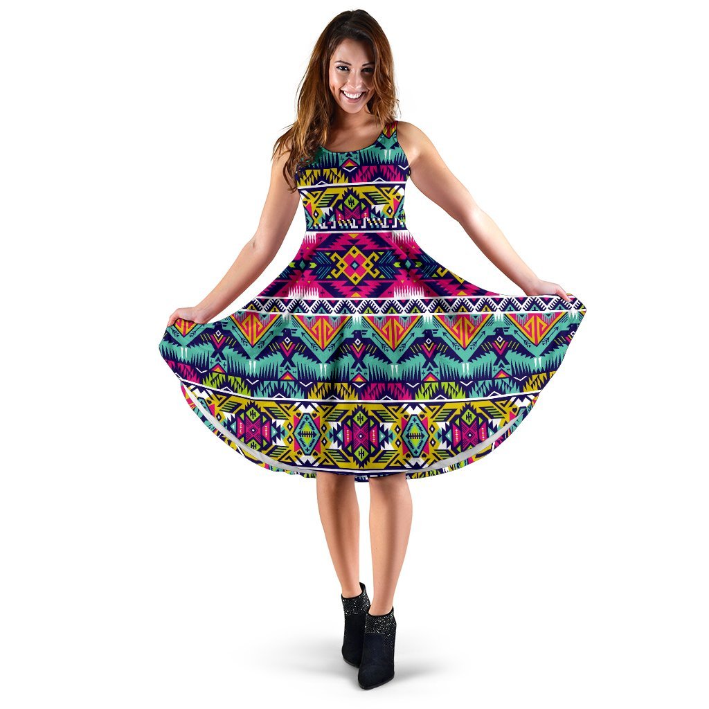 Indian Navajo Color Themed Design Print Sleeveless Dress