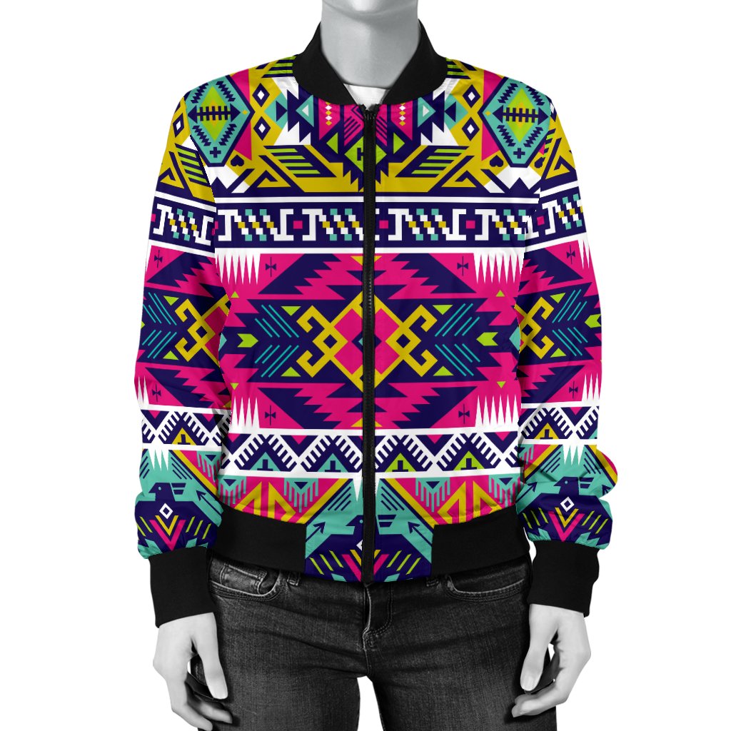 Indian Navajo Color Themed Design Print Women Casual Bomber Jacket