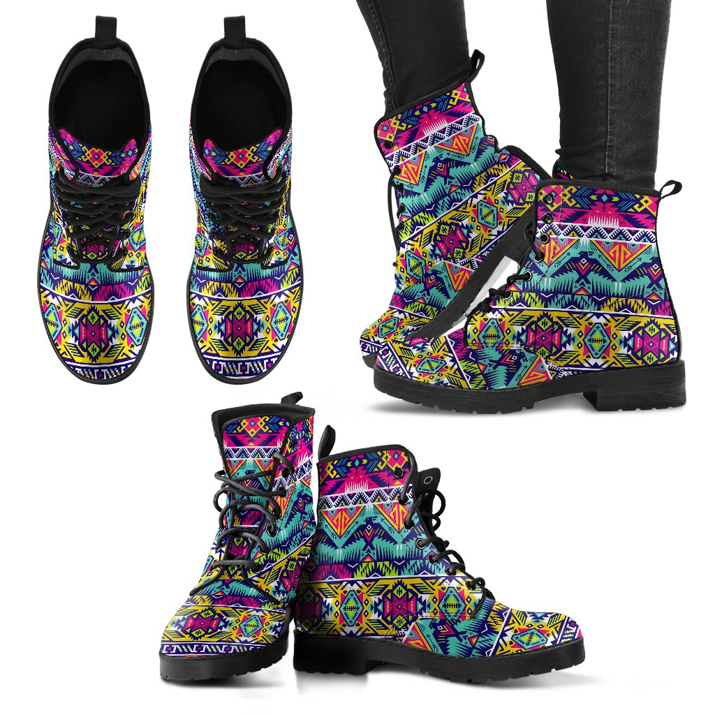 Indian Navajo Color Themed Design Print Women Leather Boots-JTAMIGO.COM