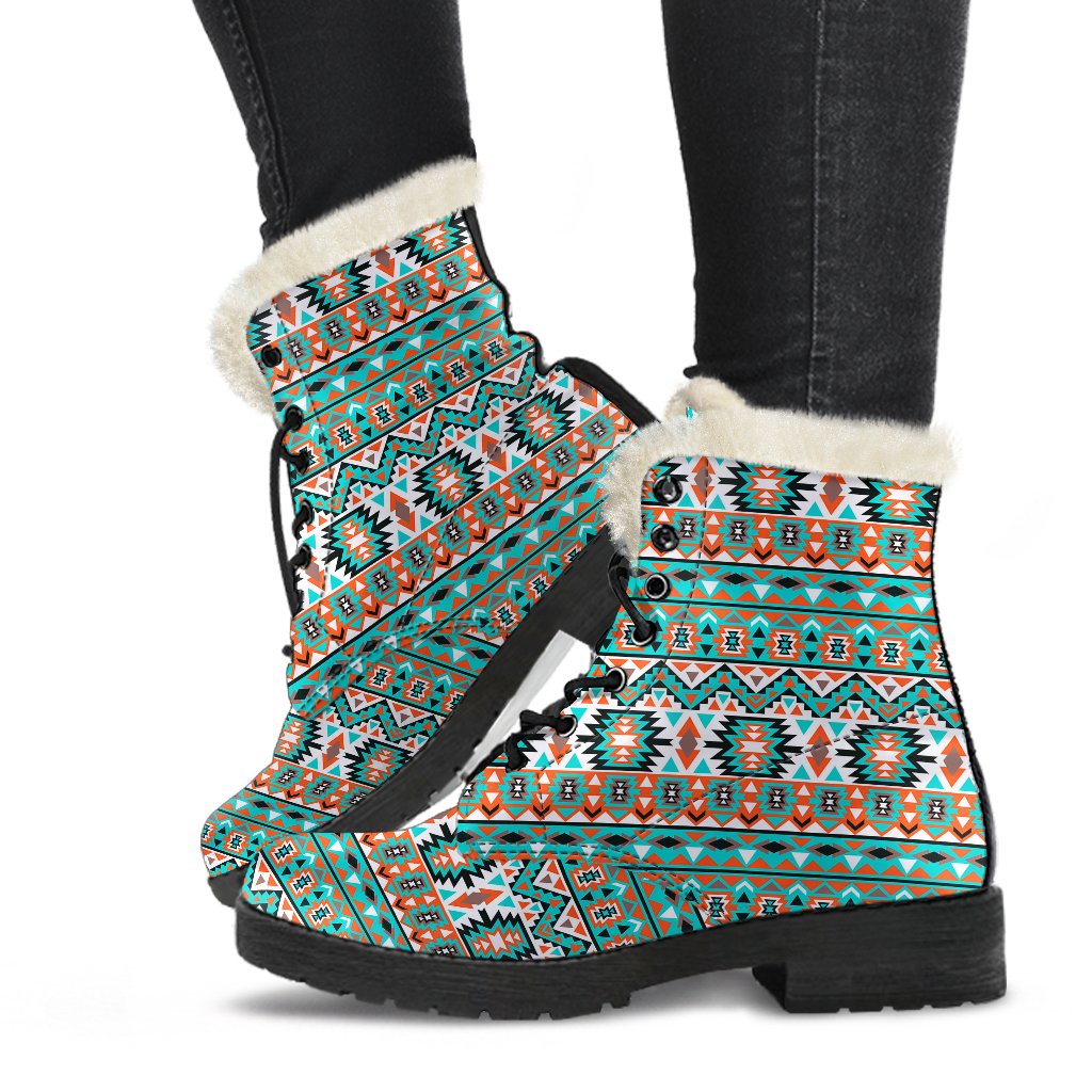Indian Navajo Ethnic Themed Design Print Faux Fur Leather Boots-JTAMIGO.COM