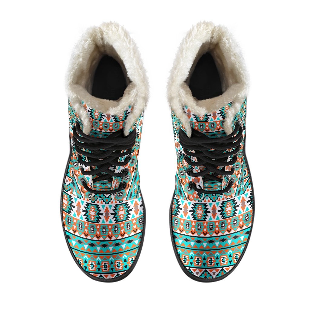 Indian Navajo Ethnic Themed Design Print Faux Fur Leather Boots-JTAMIGO.COM