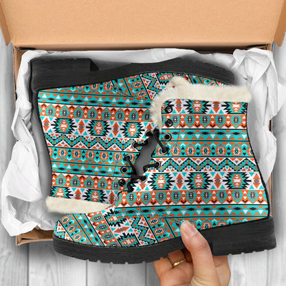Indian Navajo Ethnic Themed Design Print Faux Fur Leather Boots-JTAMIGO.COM