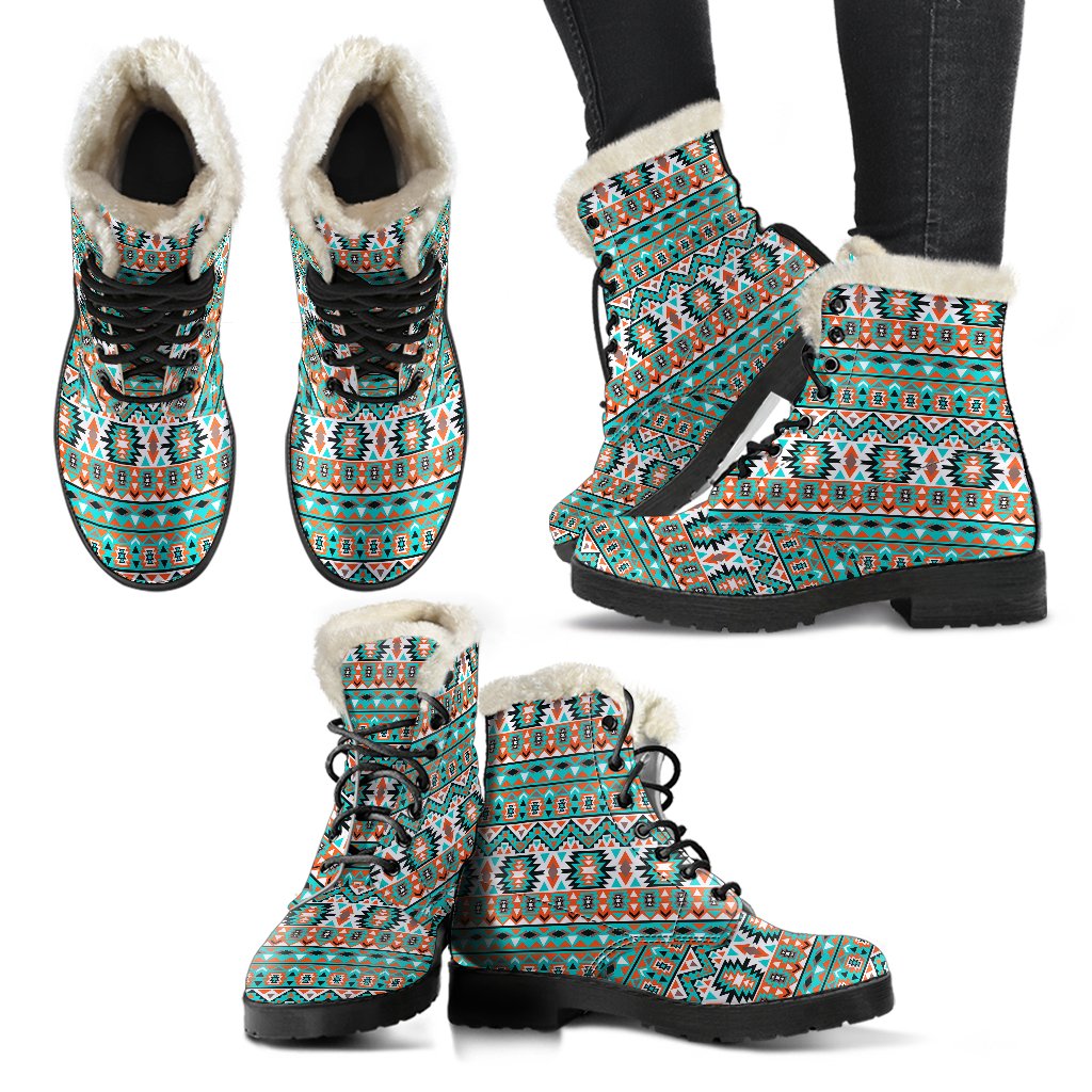 Indian Navajo Ethnic Themed Design Print Faux Fur Leather Boots-JTAMIGO.COM