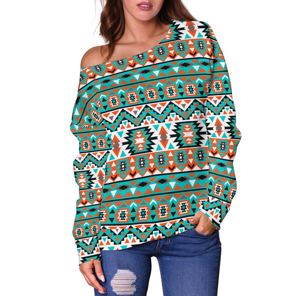 Indian Navajo Ethnic Themed Design Print Off Shoulder Sweatshirt