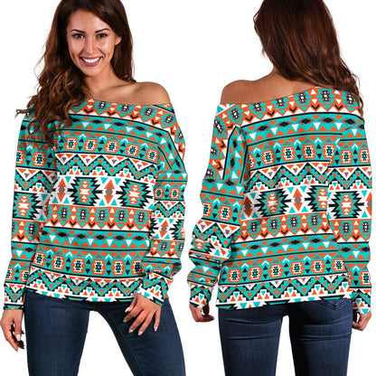 Indian Navajo Ethnic Themed Design Print Off Shoulder Sweatshirt