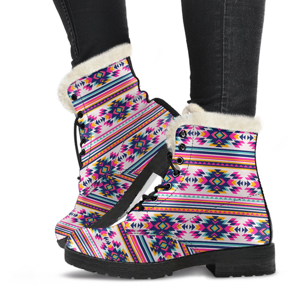 Indian Navajo Neon Themed Design Print Faux Fur Leather Boots-JTAMIGO.COM