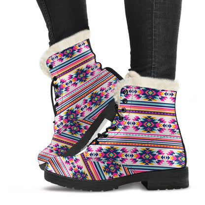 Indian Navajo Neon Themed Design Print Faux Fur Leather Boots-JTAMIGO.COM