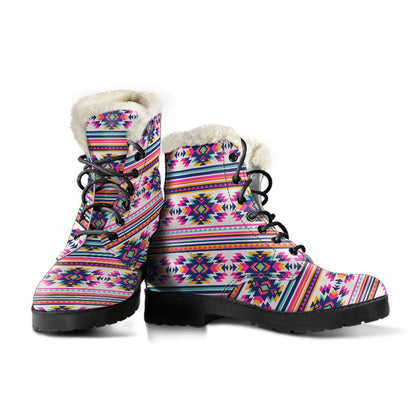 Indian Navajo Neon Themed Design Print Faux Fur Leather Boots-JTAMIGO.COM