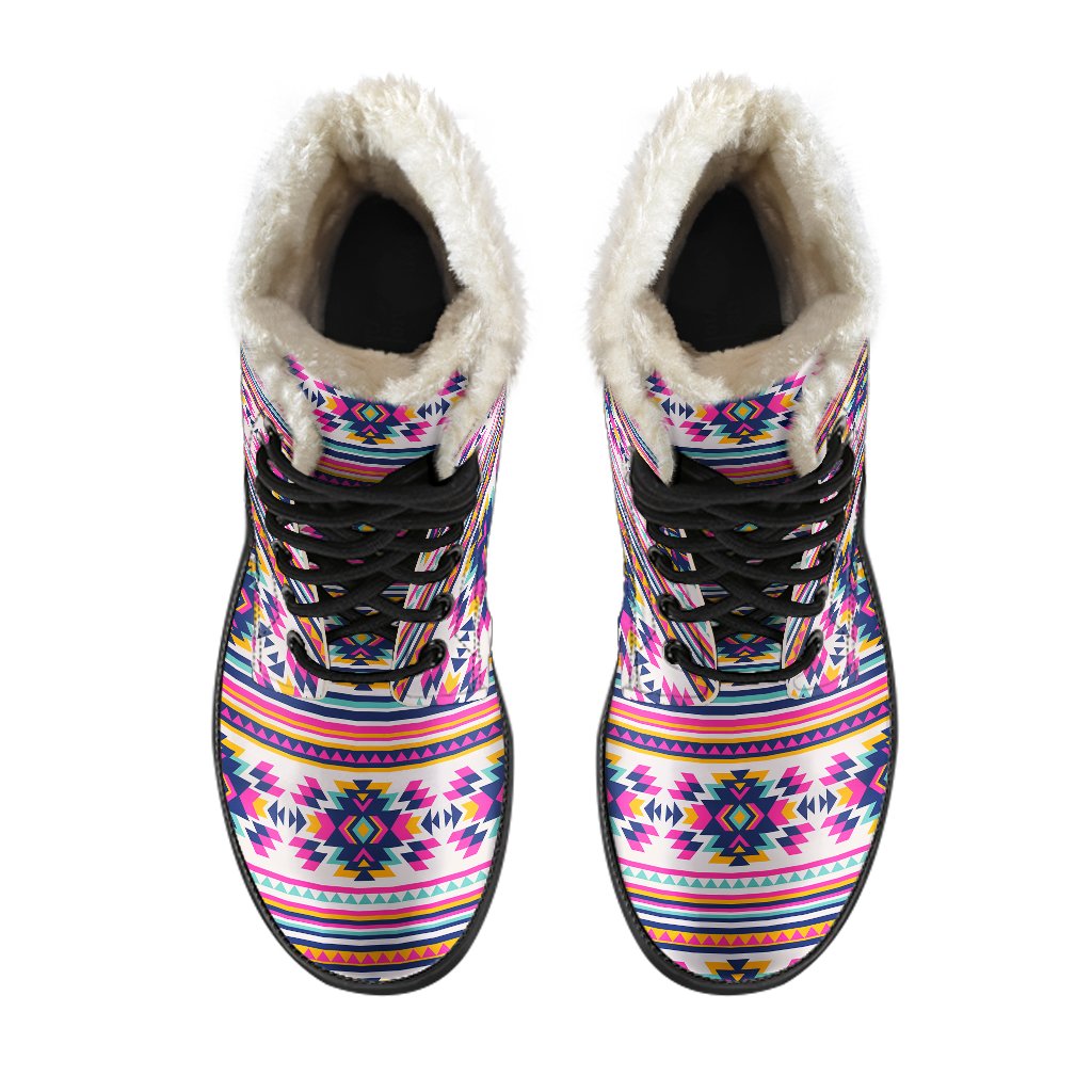 Indian Navajo Neon Themed Design Print Faux Fur Leather Boots-JTAMIGO.COM