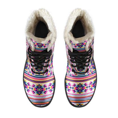 Indian Navajo Neon Themed Design Print Faux Fur Leather Boots-JTAMIGO.COM