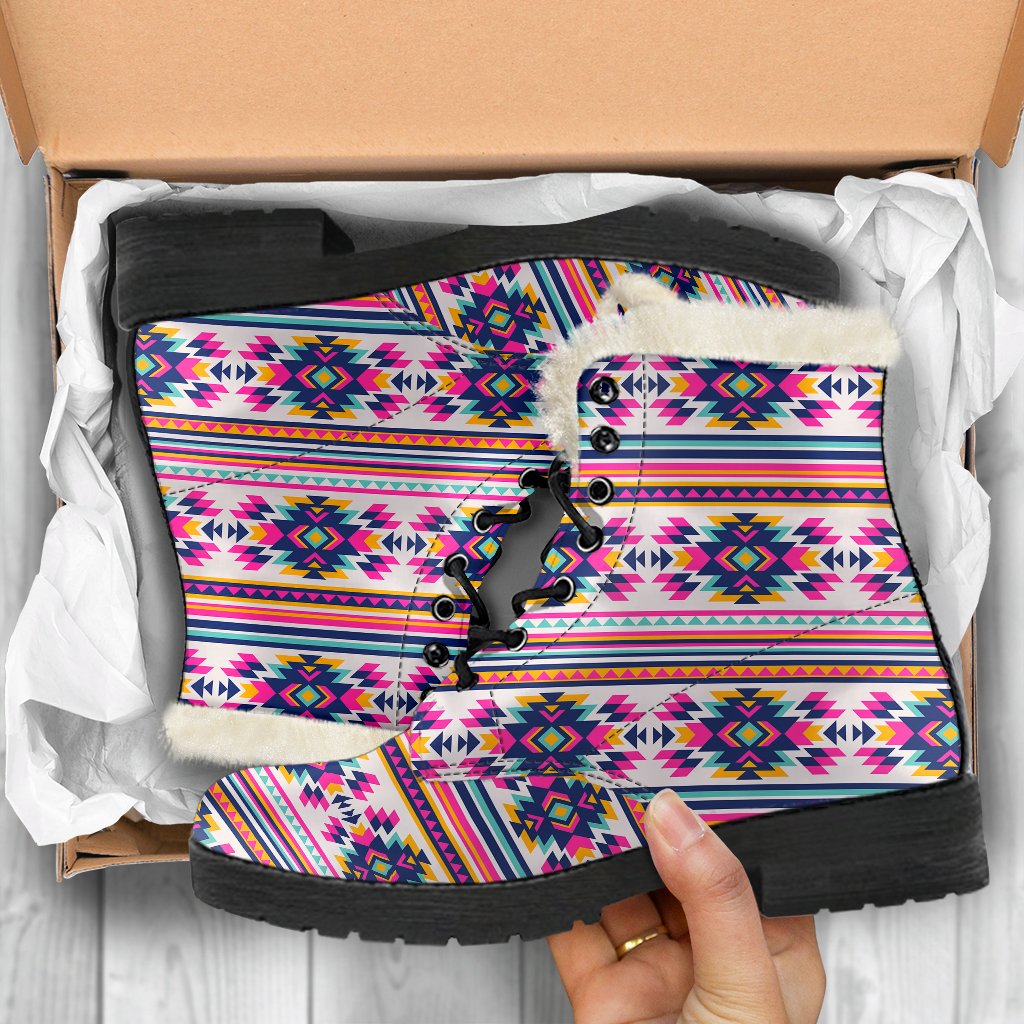 Indian Navajo Neon Themed Design Print Faux Fur Leather Boots-JTAMIGO.COM
