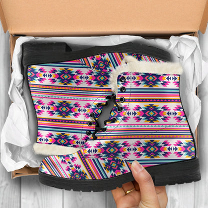 Indian Navajo Neon Themed Design Print Faux Fur Leather Boots-JTAMIGO.COM