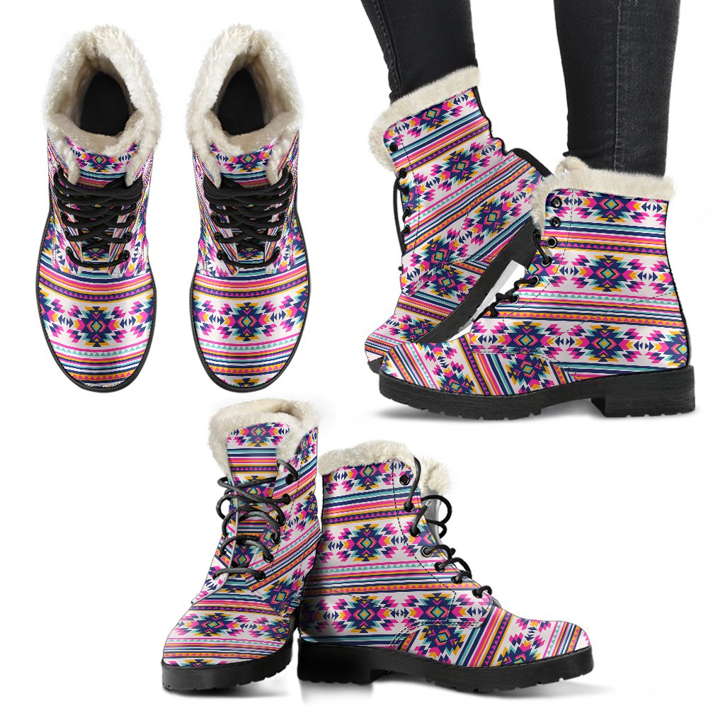 Indian Navajo Neon Themed Design Print Faux Fur Leather Boots-JTAMIGO.COM
