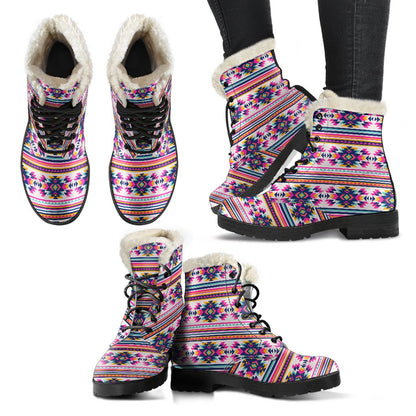Indian Navajo Neon Themed Design Print Faux Fur Leather Boots-JTAMIGO.COM