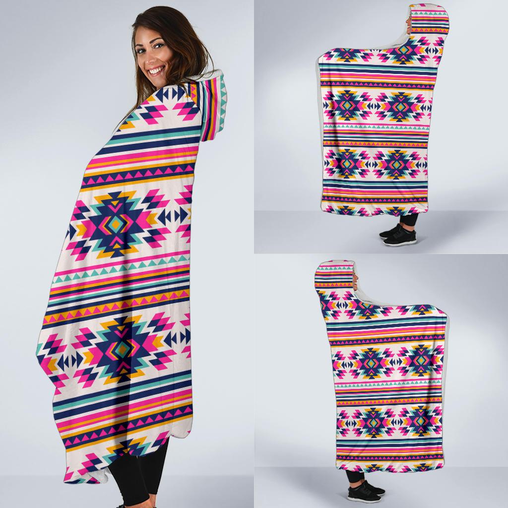 Indian Navajo Neon Themed Design Print Hooded Blanket-JTAMIGO.COM