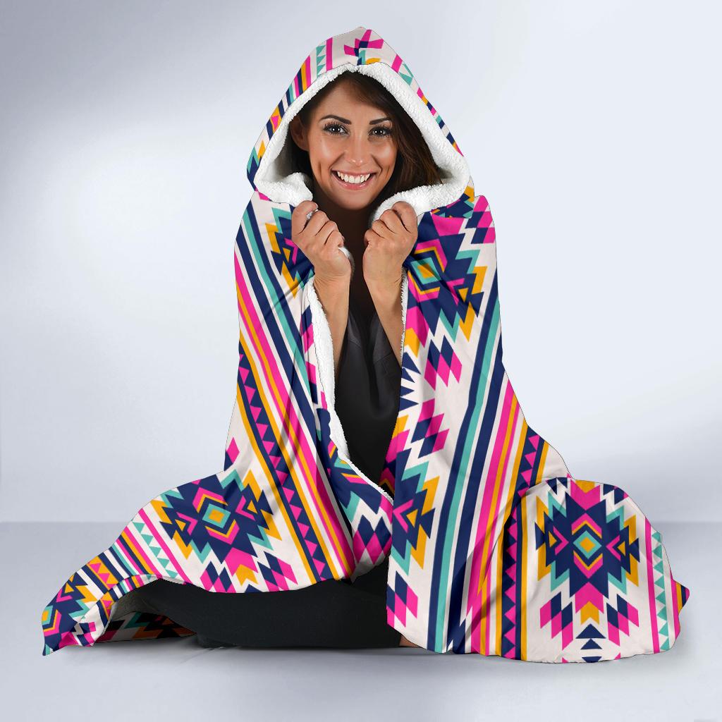 Indian Navajo Neon Themed Design Print Hooded Blanket-JTAMIGO.COM