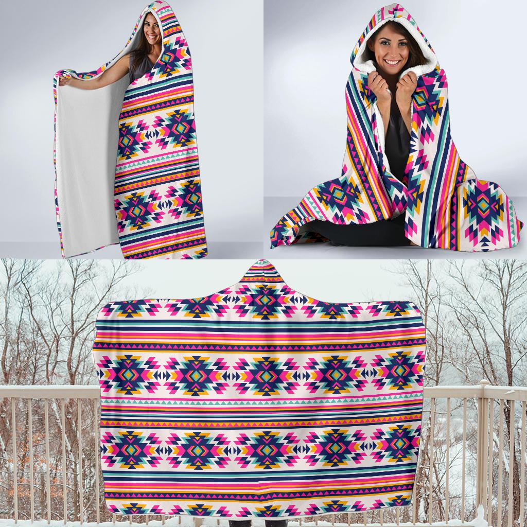 Indian Navajo Neon Themed Design Print Hooded Blanket-JTAMIGO.COM