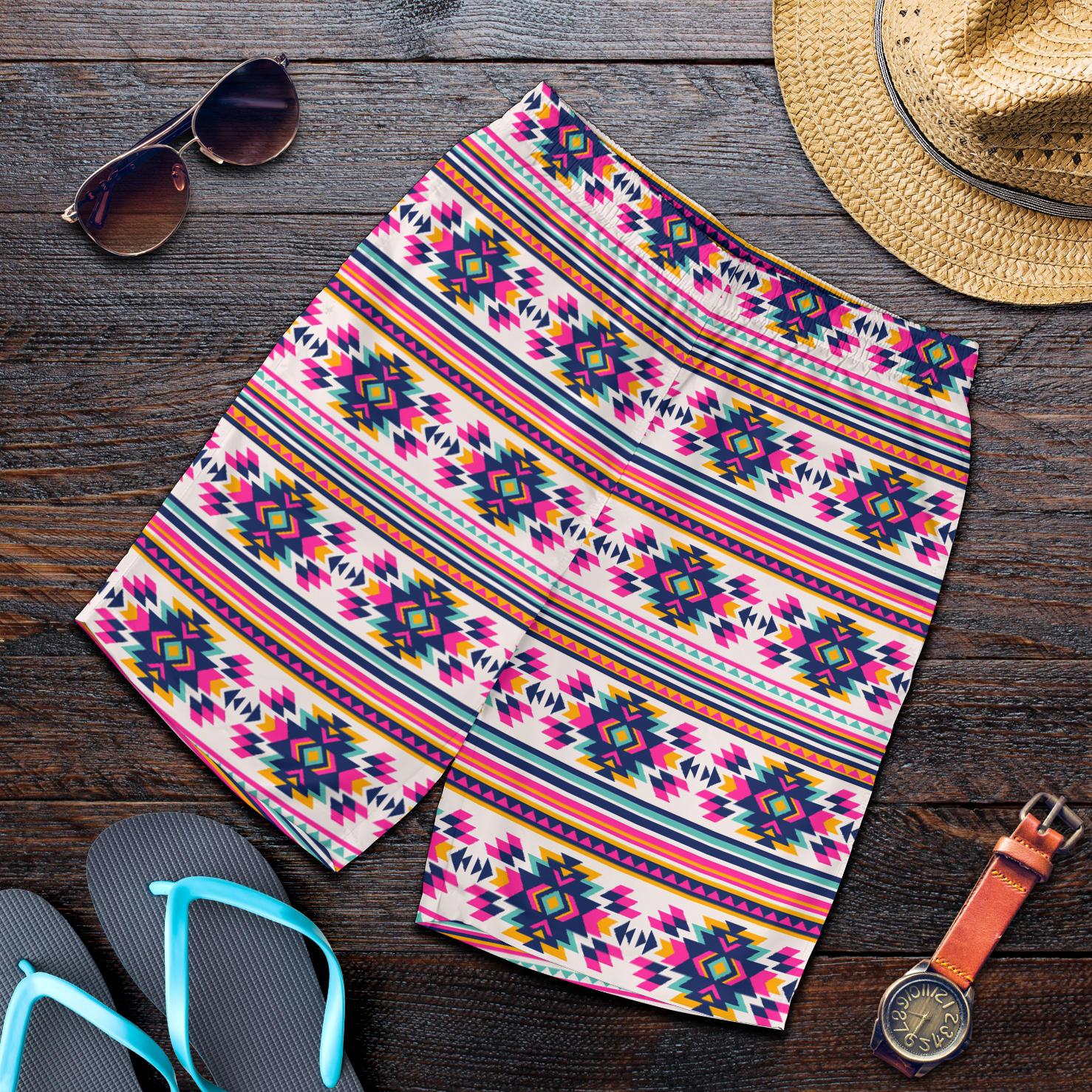Indian Navajo Neon Themed Design Print Mens Shorts-JTAMIGO.COM