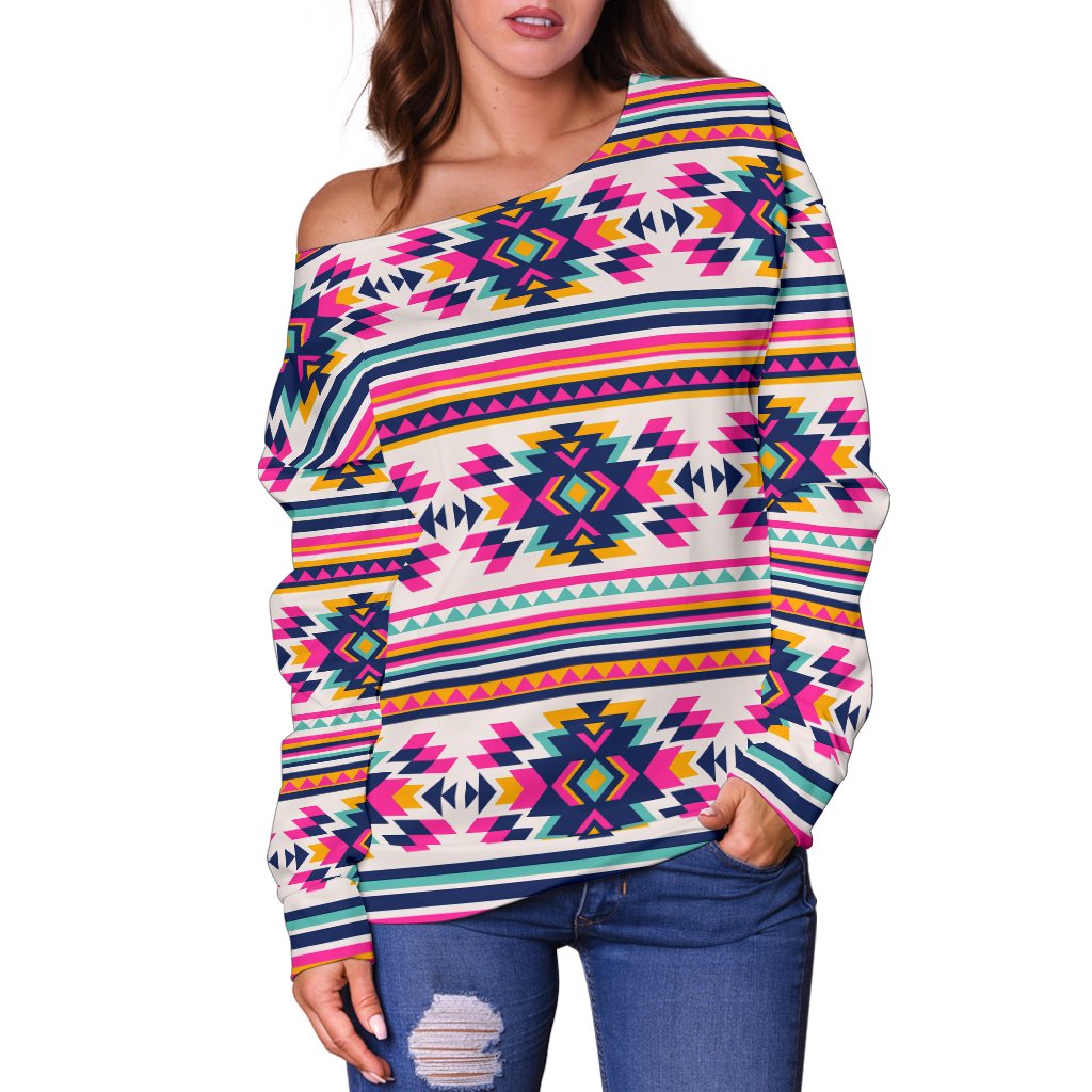 Indian Navajo Neon Themed Design Print Off Shoulder Sweatshirt