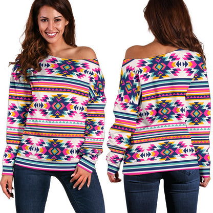 Indian Navajo Neon Themed Design Print Off Shoulder Sweatshirt