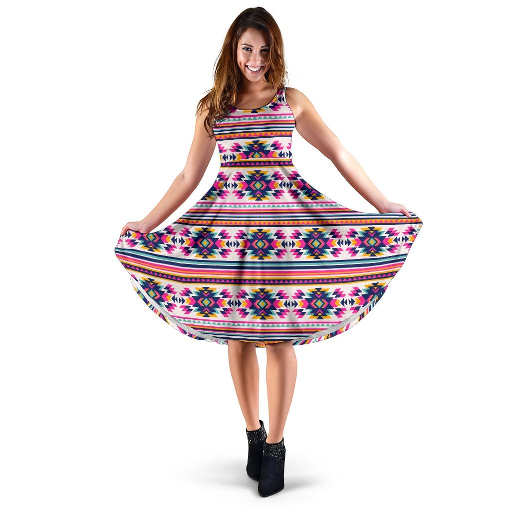 Indian Navajo Neon Themed Design Print Sleeveless Dress