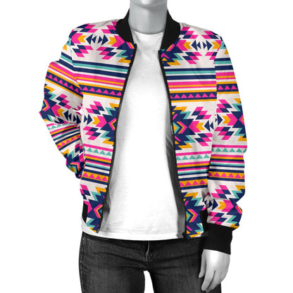 Indian Navajo Neon Themed Design Print Women Casual Bomber Jacket