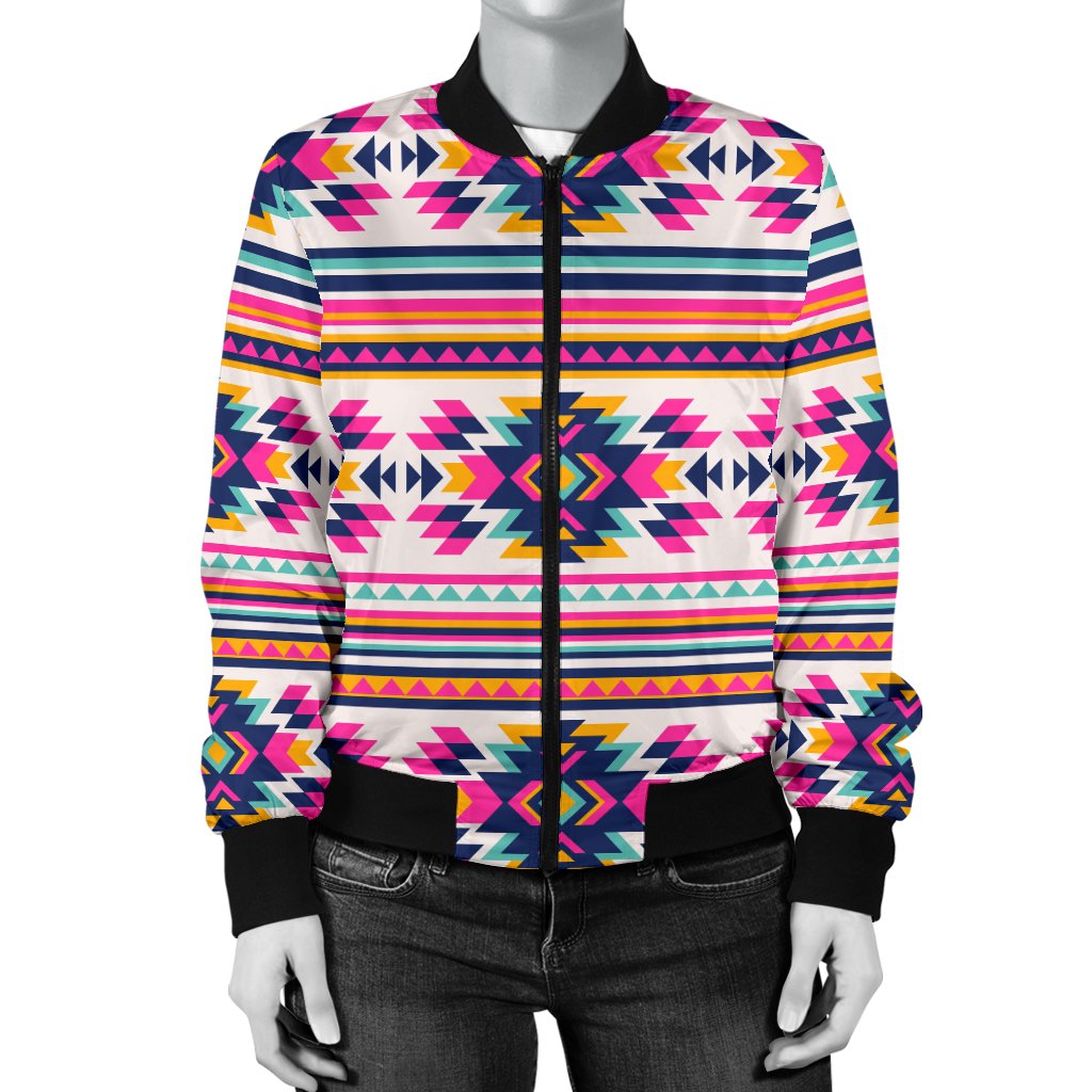 Indian Navajo Neon Themed Design Print Women Casual Bomber Jacket
