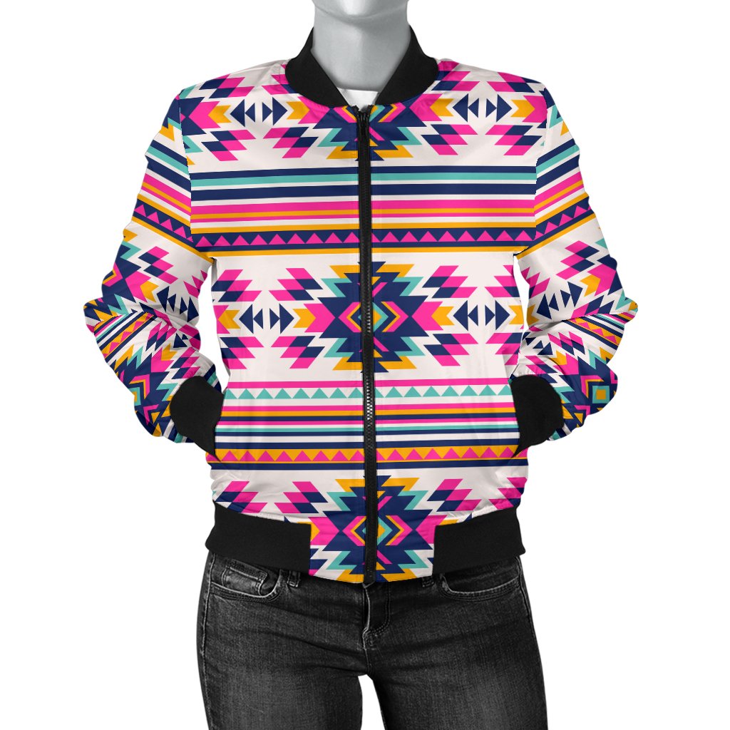 Indian Navajo Neon Themed Design Print Women Casual Bomber Jacket