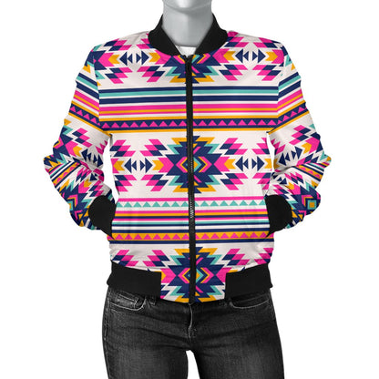 Indian Navajo Neon Themed Design Print Women Casual Bomber Jacket