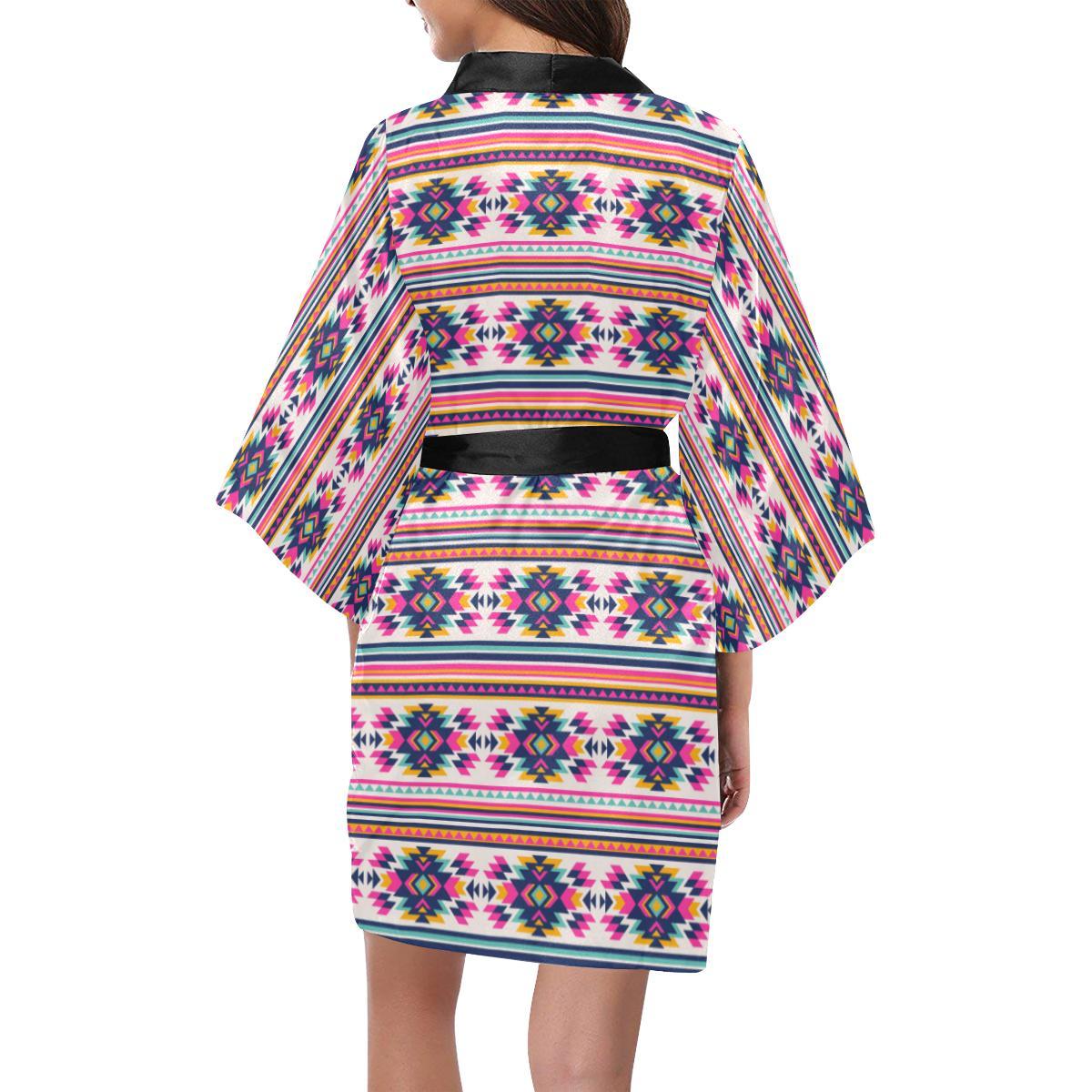 Indian Navajo Neon Themed Design Print Women Short Kimono Robe
