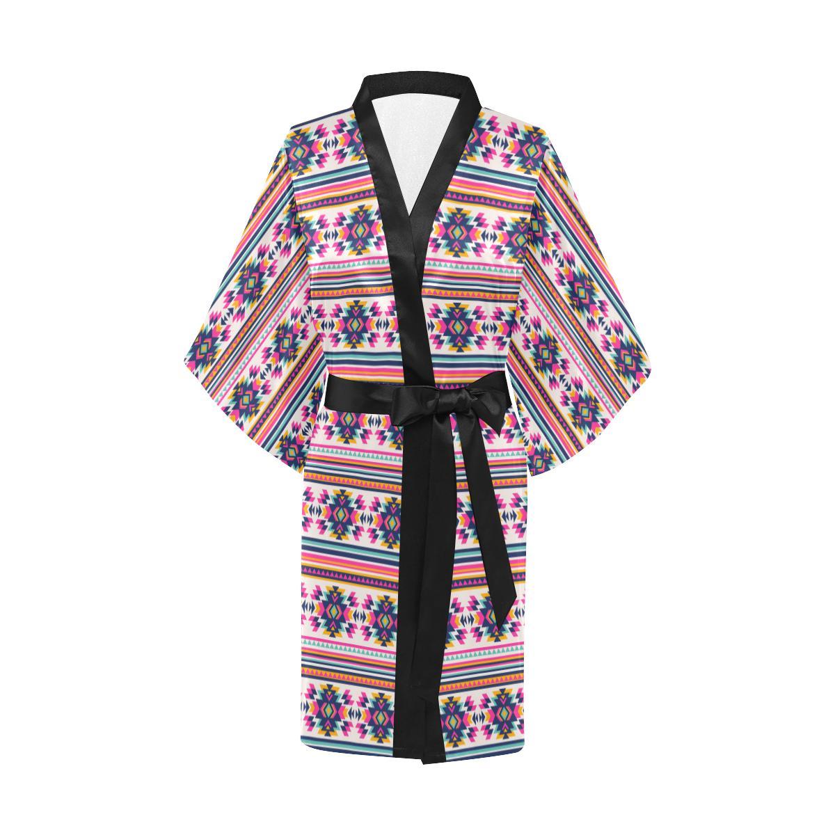 Indian Navajo Neon Themed Design Print Women Short Kimono Robe