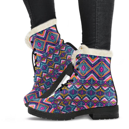 Indian Navajo Pink Themed Design Print Faux Fur Leather Boots-JTAMIGO.COM