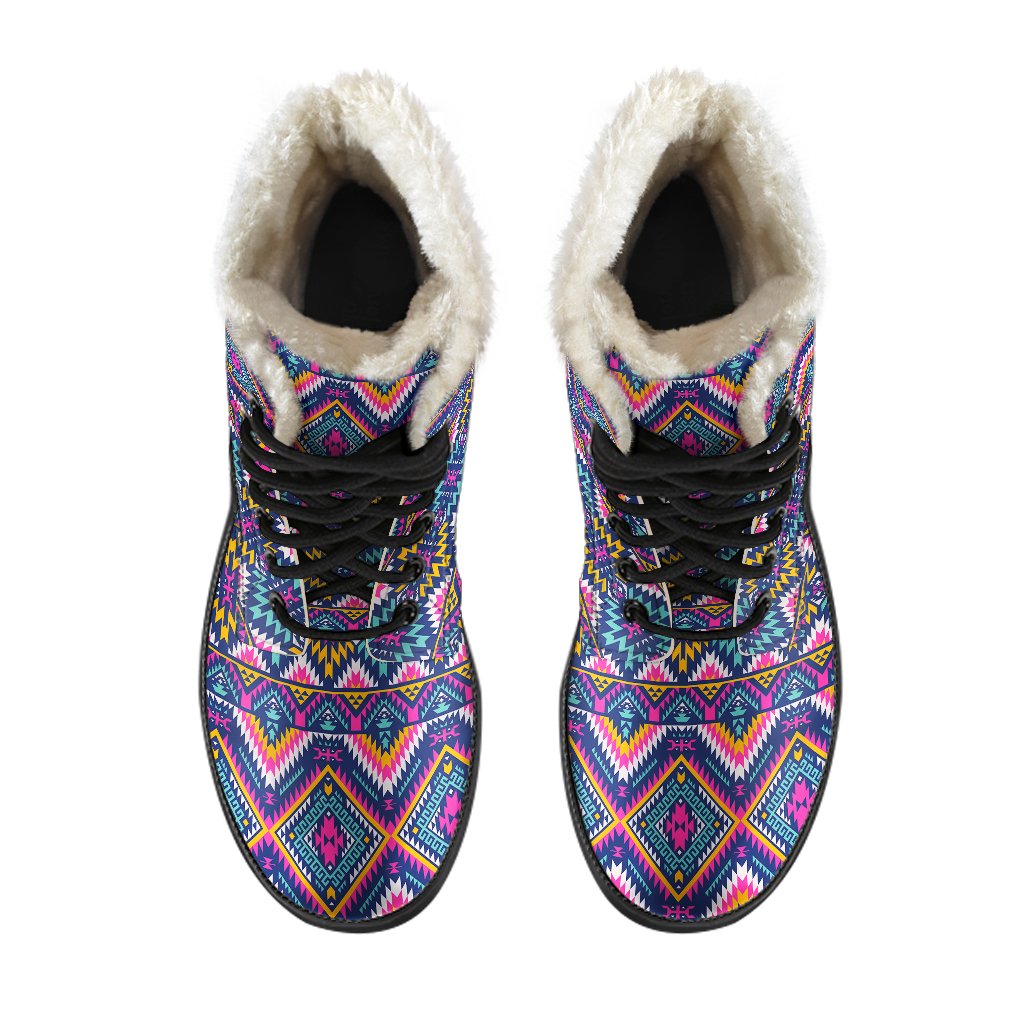 Indian Navajo Pink Themed Design Print Faux Fur Leather Boots-JTAMIGO.COM