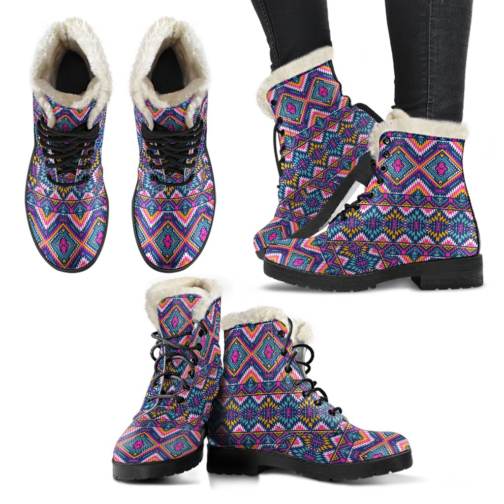 Indian Navajo Pink Themed Design Print Faux Fur Leather Boots-JTAMIGO.COM
