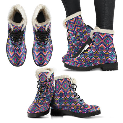 Indian Navajo Pink Themed Design Print Faux Fur Leather Boots-JTAMIGO.COM