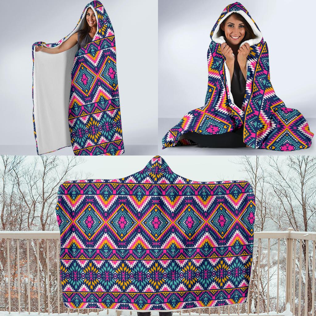 Indian Navajo Pink Themed Design Print Hooded Blanket-JTAMIGO.COM